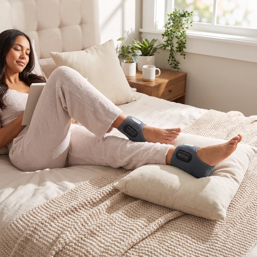 A woman reading on her bed with an EMSense wrap on each foot