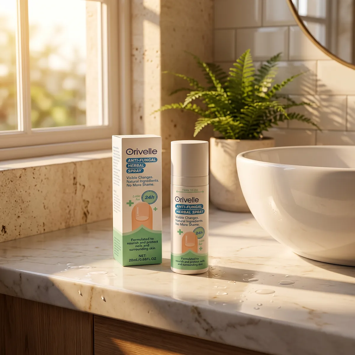 Orivelle Spray bottle and box on a bathroom counter