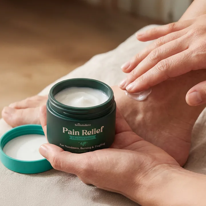 Massaging SoothRelieve Herbal Cream into the top of a foot