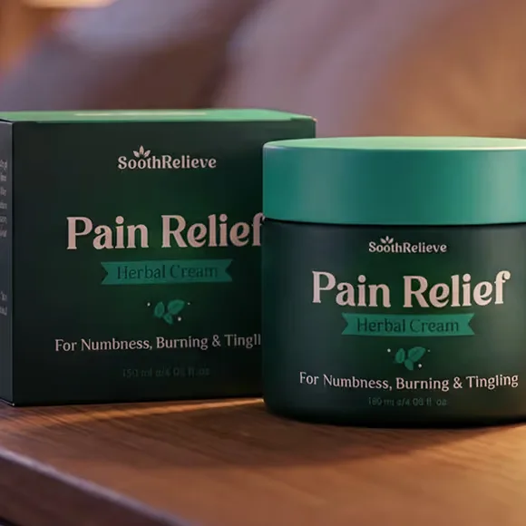 SoothRelieve Herbal Cream jar and box on a nightstand