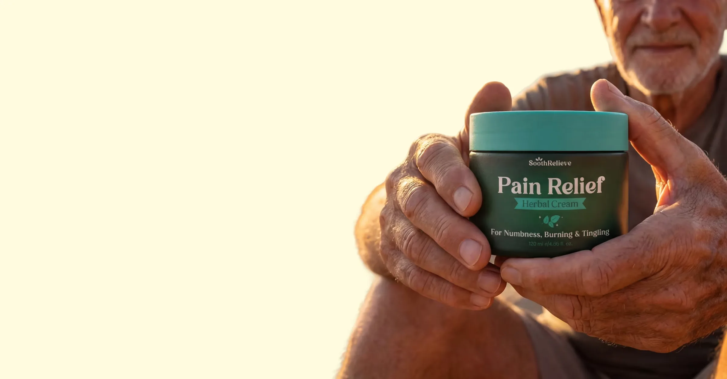 Hands holding a jar of SoothRelieve Herbal Cream