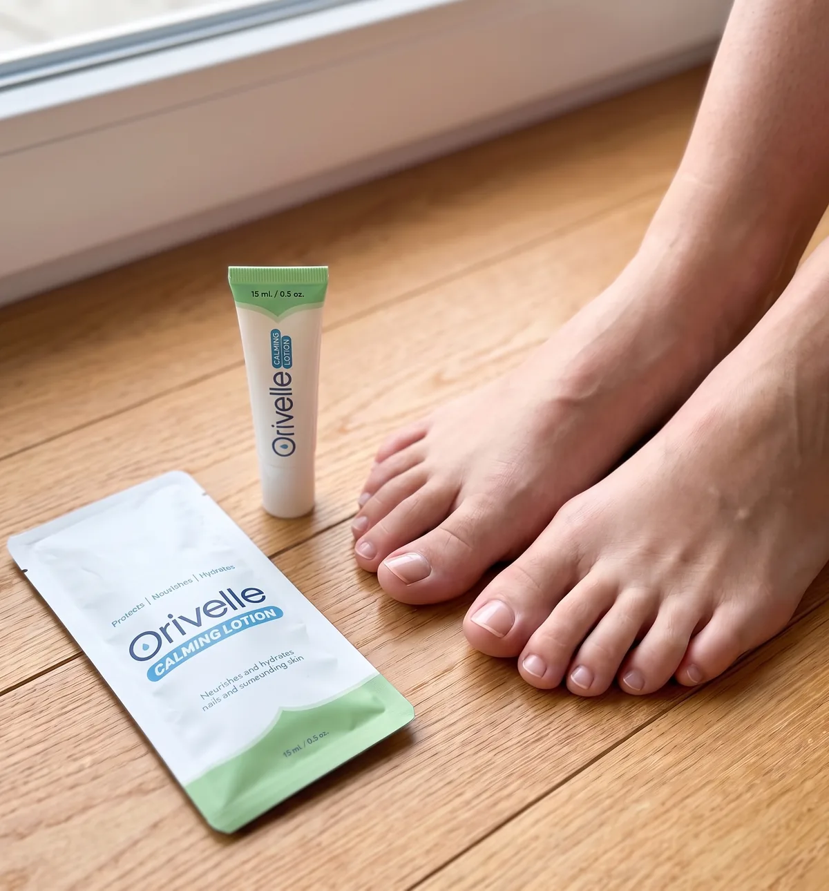 Feet by the window with the Orivelle Calming Lotion