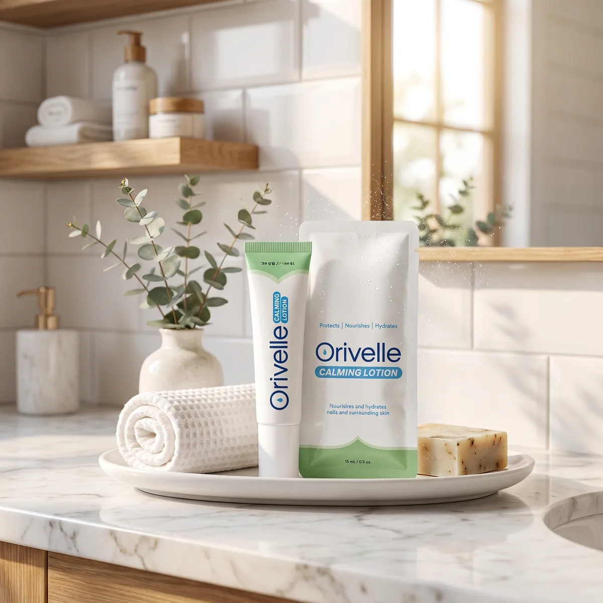 Orivelle Calming Lotion tube and sachet on a bathroom counter