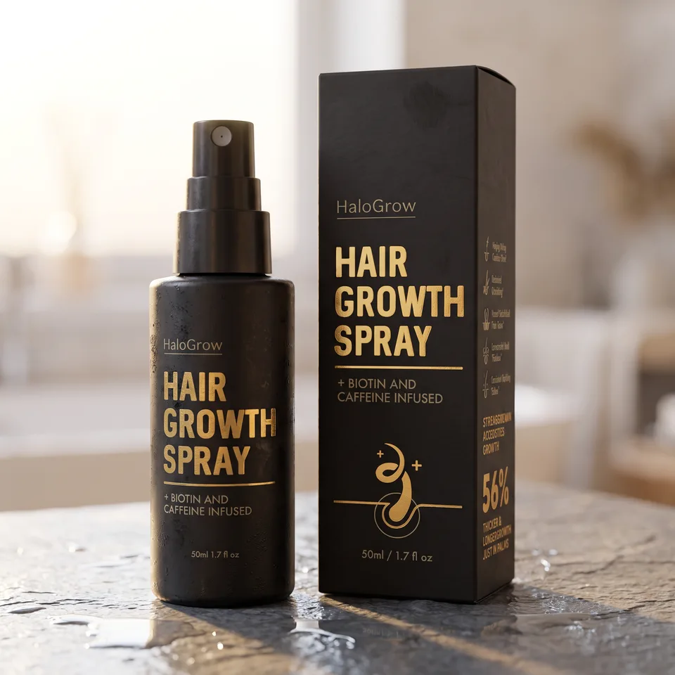 HaloGrow Hair Spray bottle and box