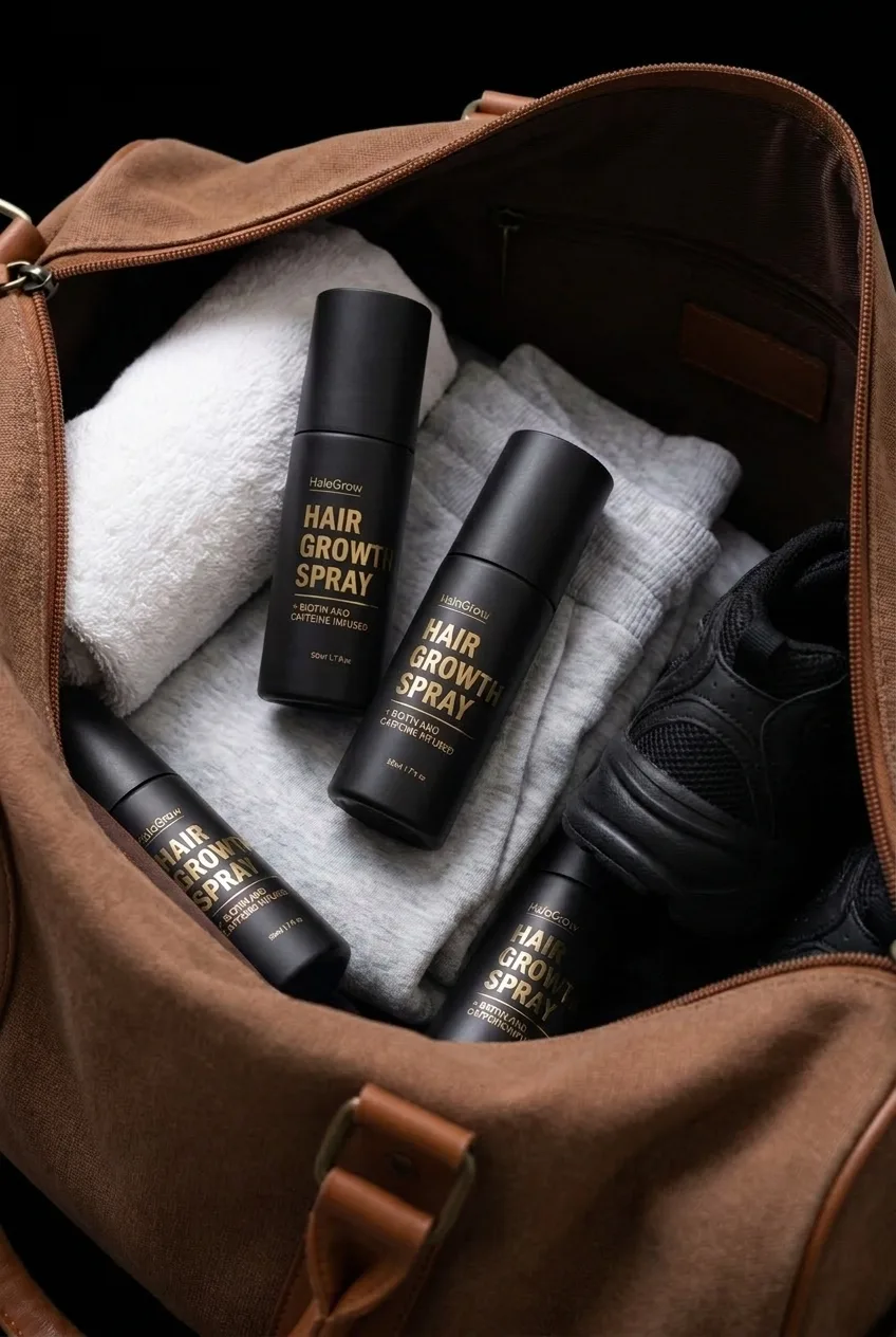 HaloGrow bottles packed in a weekend bag