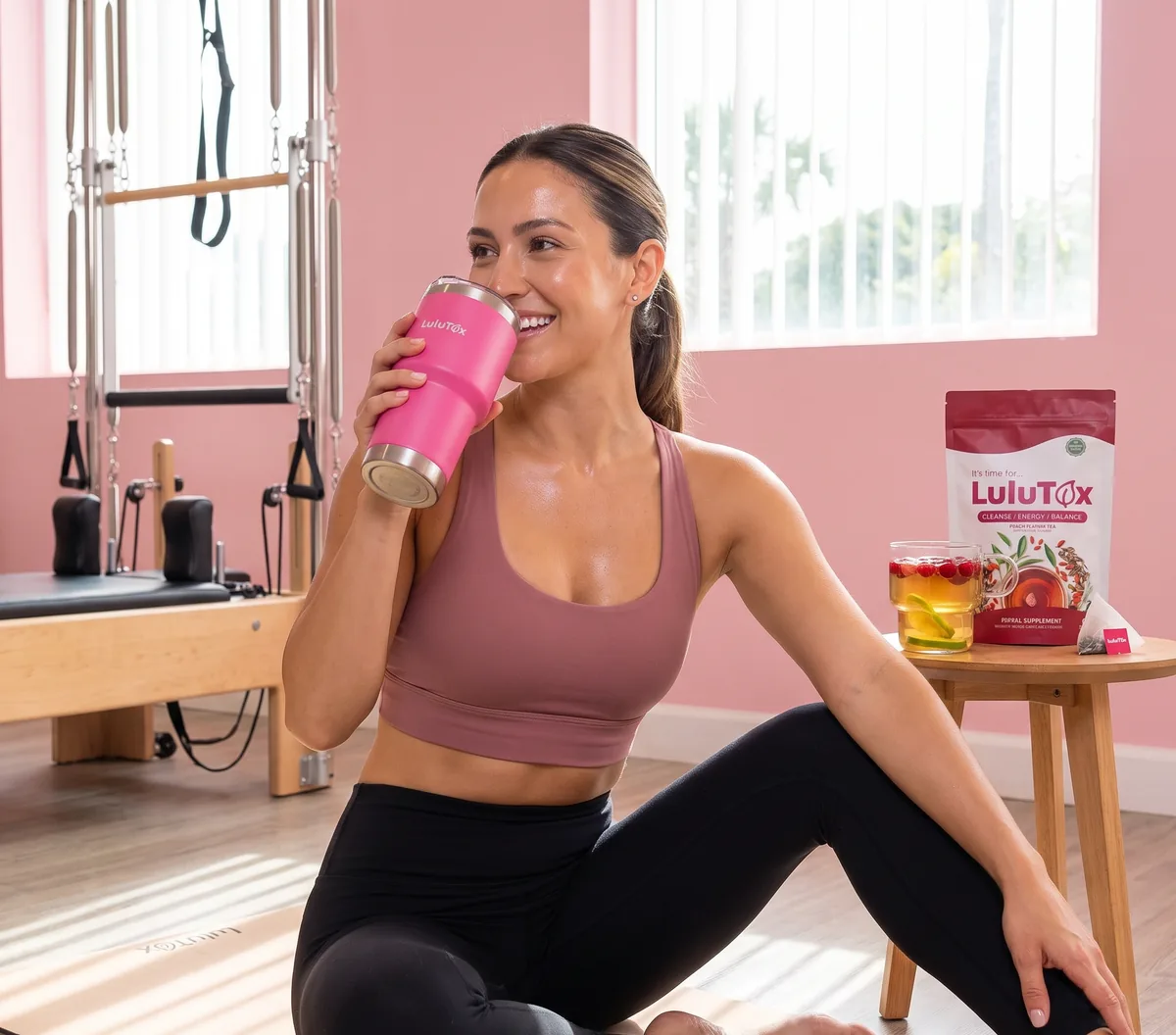 A woman with her Lulutox tumbler and a pouch of Lulutox Tea in a pilates studio