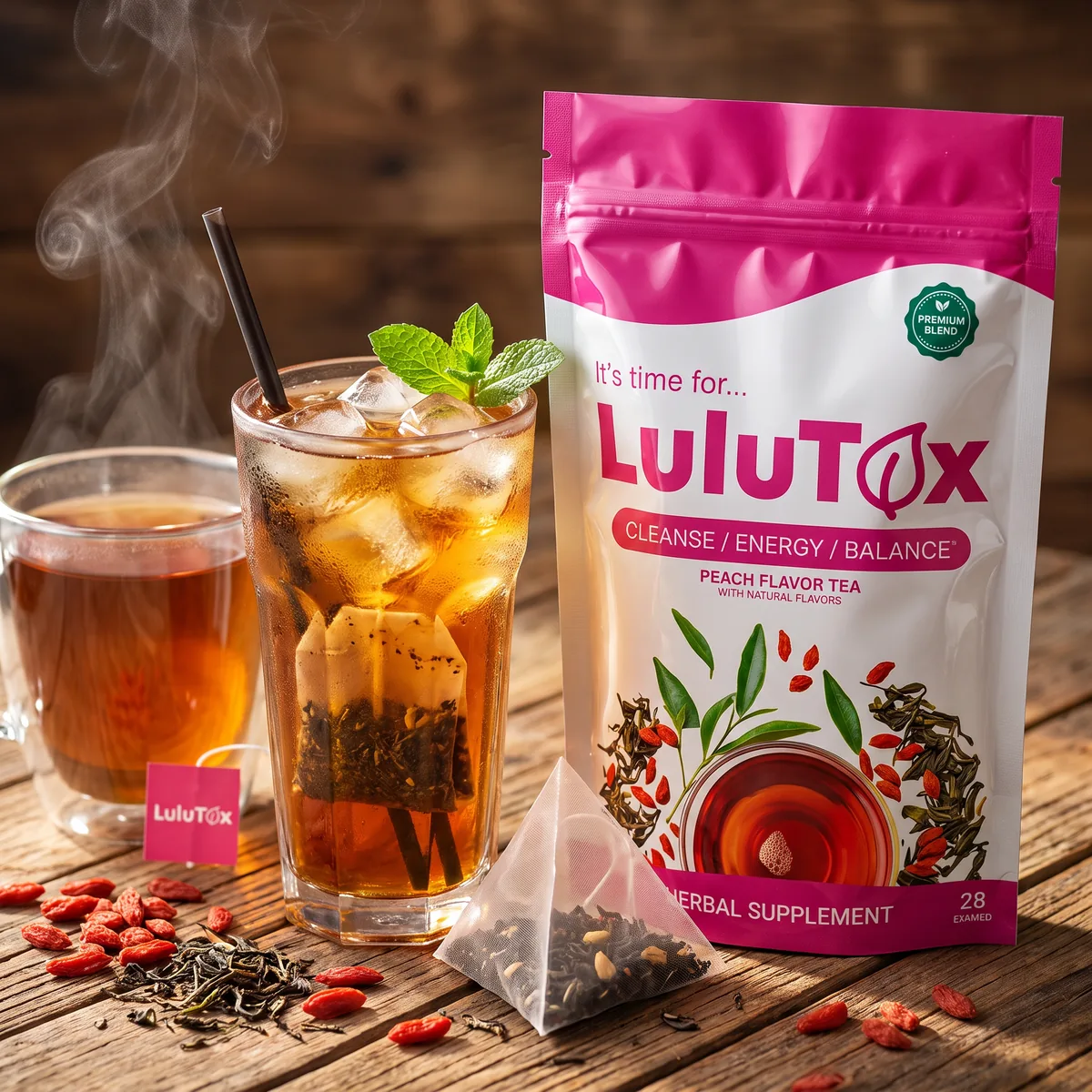 Lulutox Tea pouch with a hot cup and a glass of iced tea