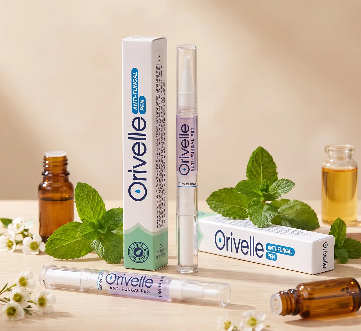 Orivelle Pen boxes and pens with tea tree, peppermint and botanical oils