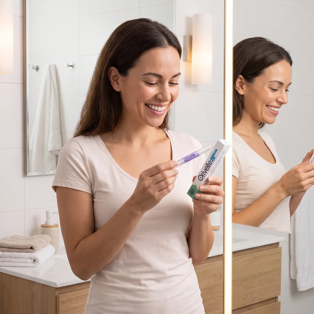 A woman in her bathroom looking at the Orivelle Pen