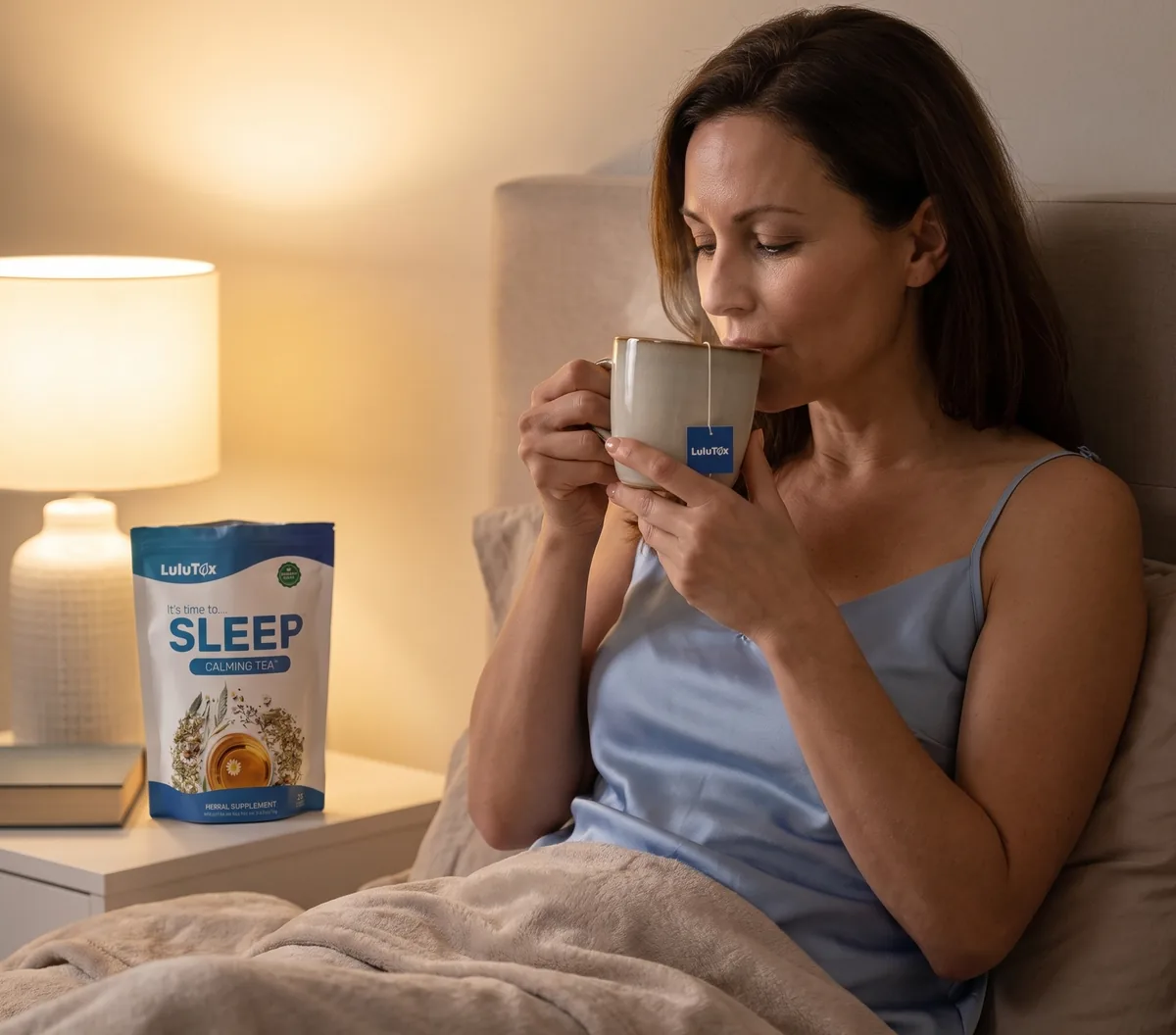 A woman in bed with a cup of Lulutox Sleep Tea