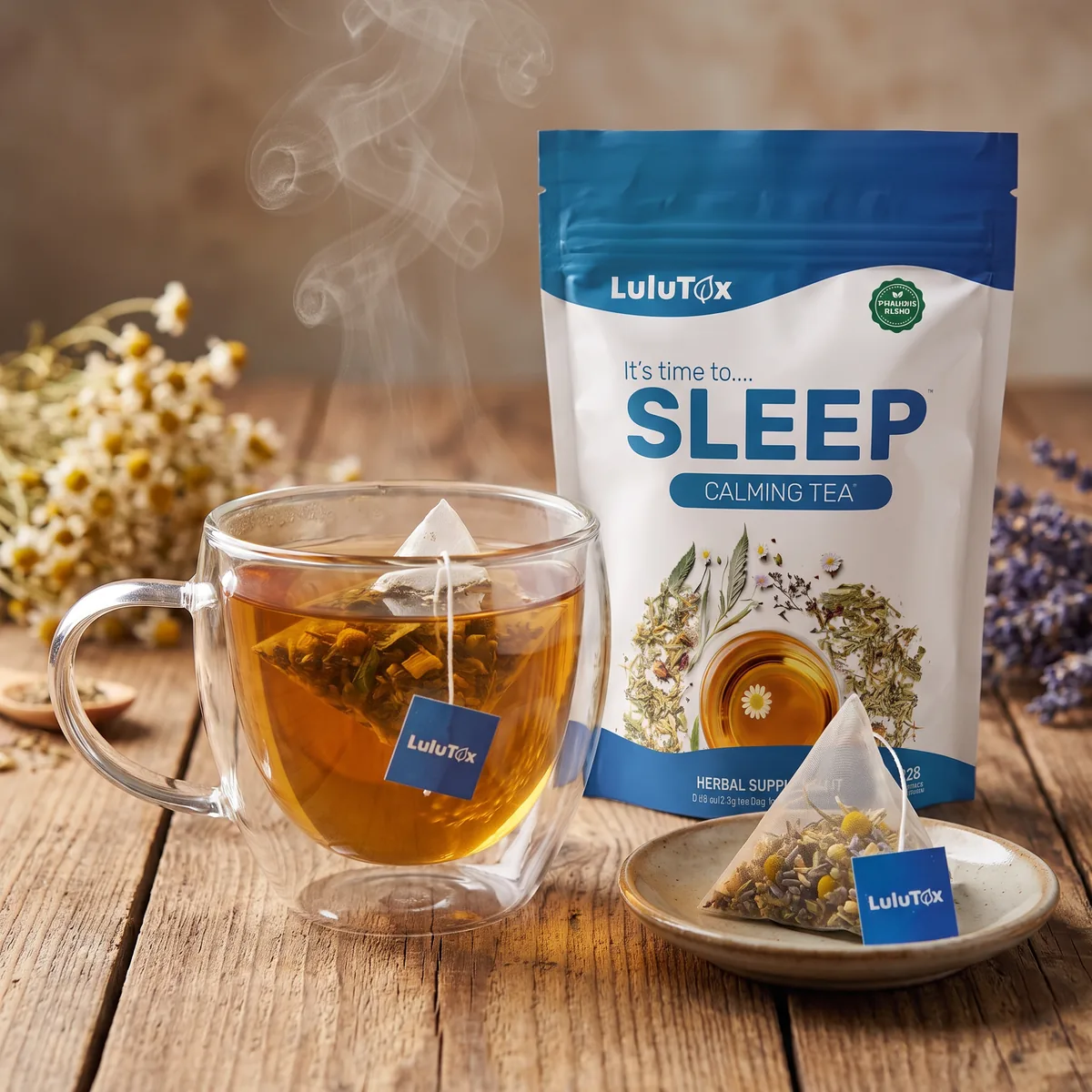 Lulutox Sleep Tea pouch with a glass cup of tea