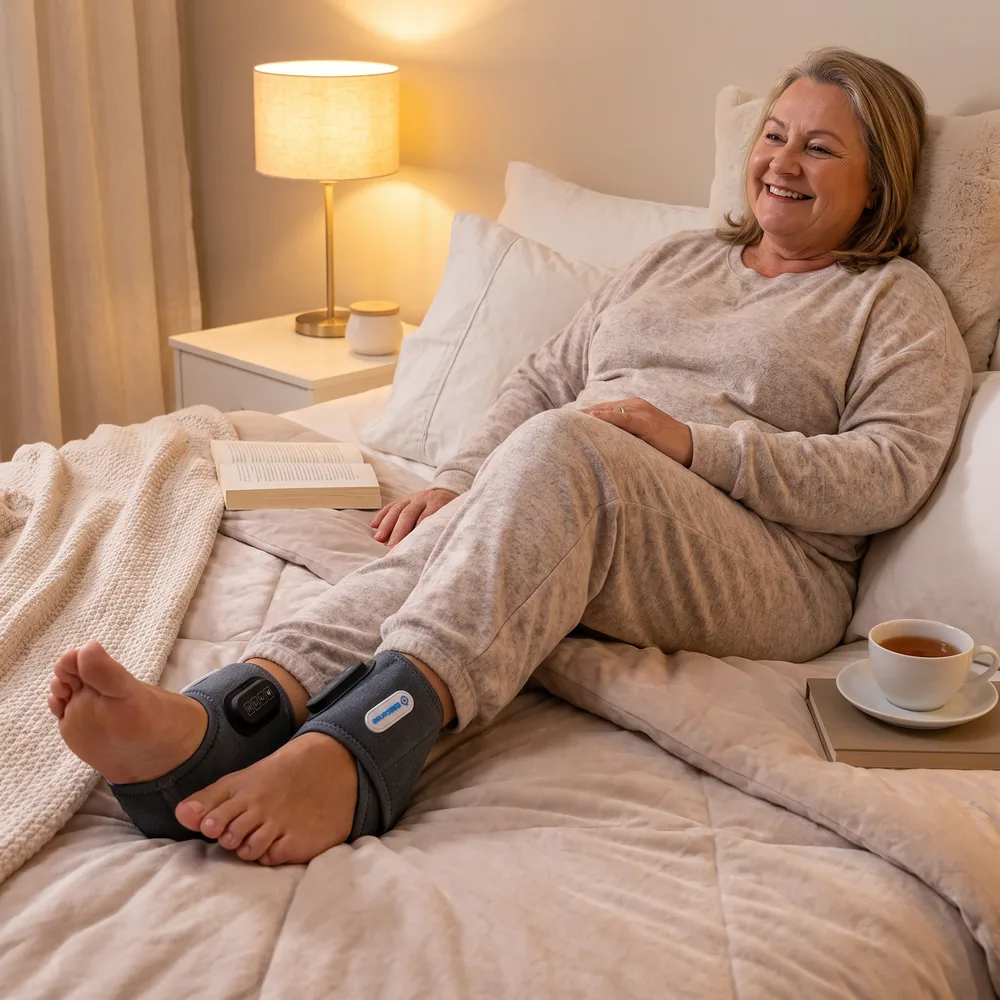 A woman relaxing on her bed with an EMSense wrap on each foot
