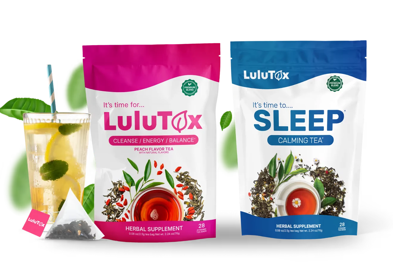 Lulutox Tea and Sleep Tea pouches with a glass of iced tea