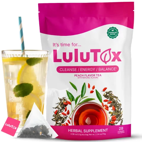 Lulutox Tea pouch with a glass of iced tea