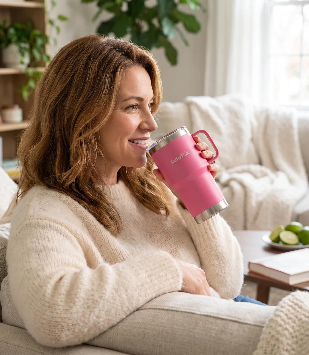A Lulutox creator in her kitchen with the pink Lulutox tumbler