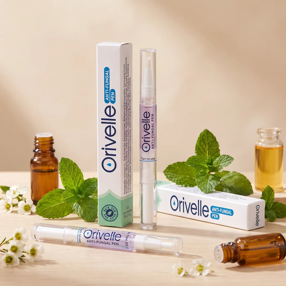 Orivelle Pen boxes and pens with tea tree and botanicals