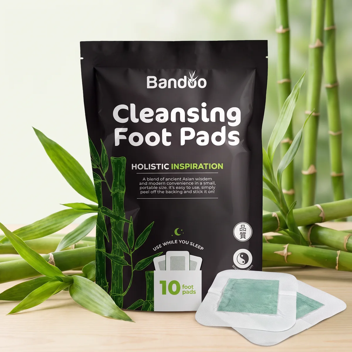 Bandoo Cleansing Foot Pads bag with two patches and fresh bamboo