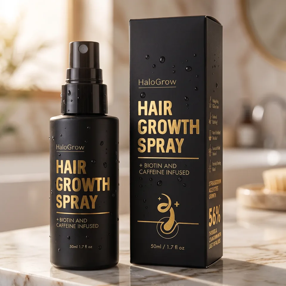 HaloGrow Hair Spray bottle and box