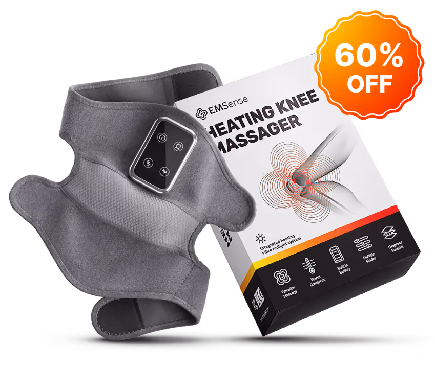 EMSense Heating Knee Massager wrap and box with a 60% off badge